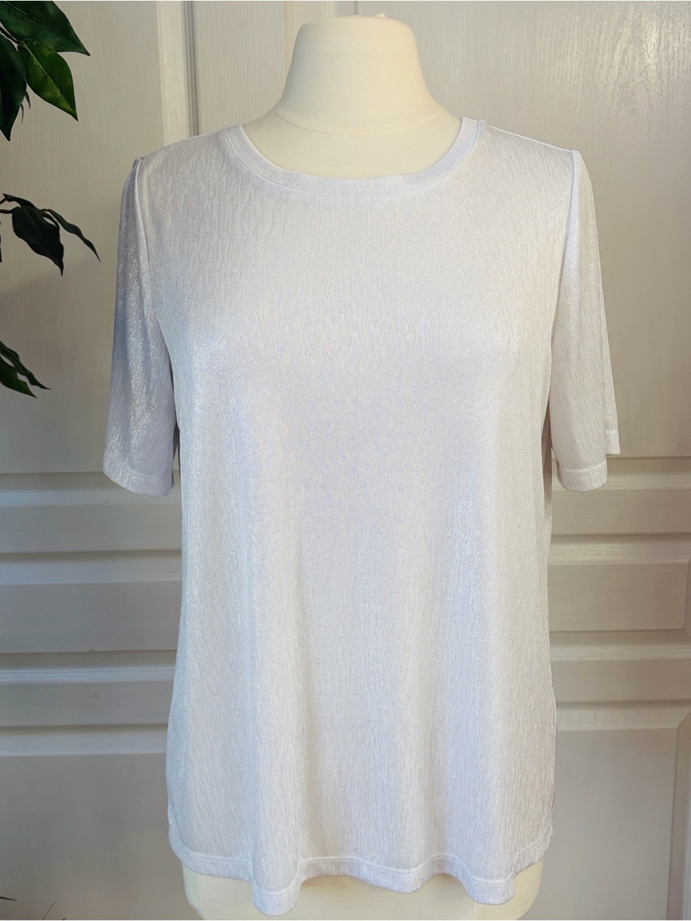 Susan Graver Metallic Knit Short-Sleeve Crew Neck Top ~ White
